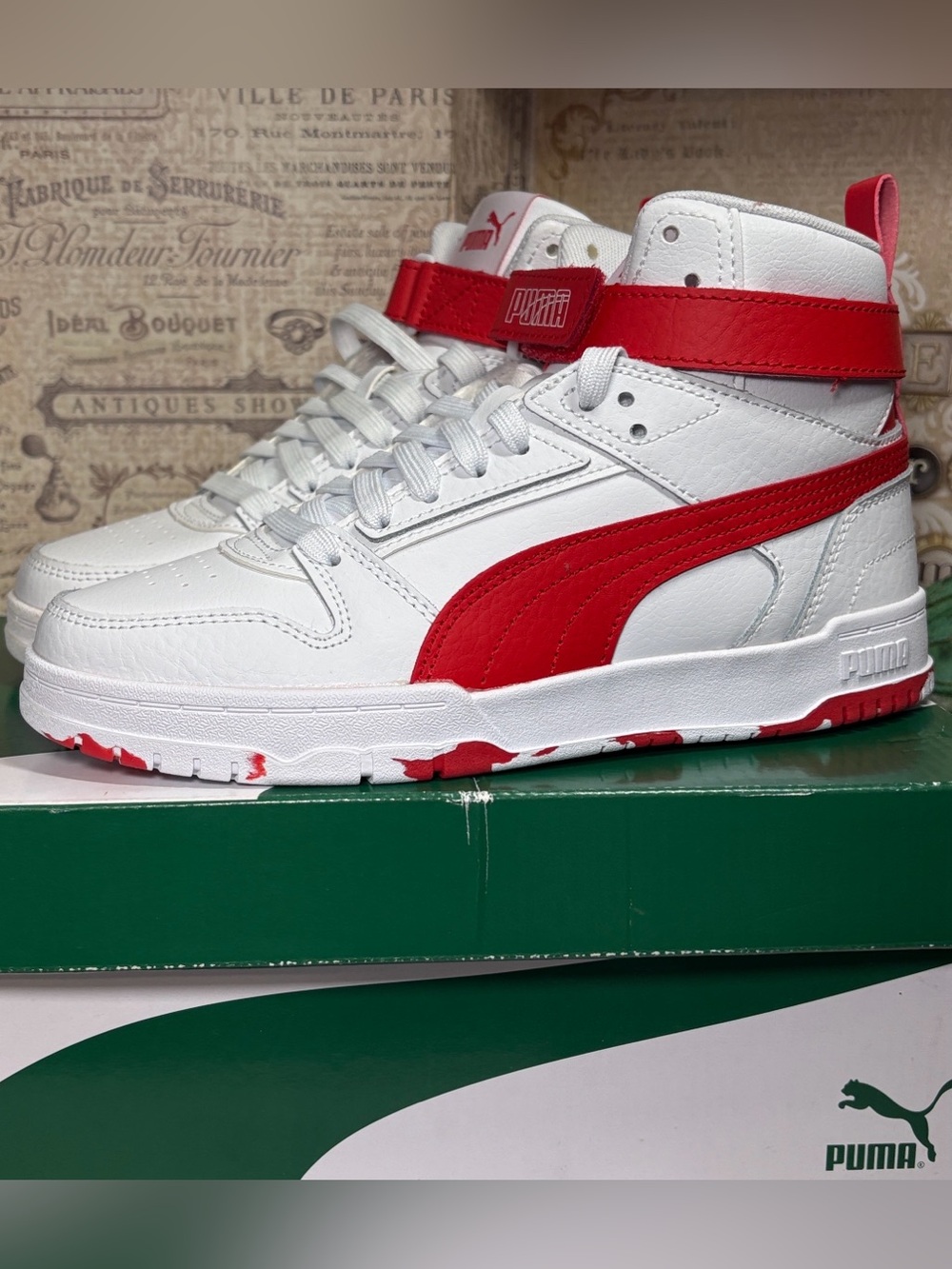 Puma Hightop White and High-Risk Red Game Marble W5.5/4Y New w/Box